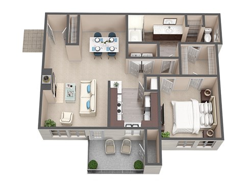 A top-down view of a two-bedroom apartment with a living room, kitchen, and bathroom.